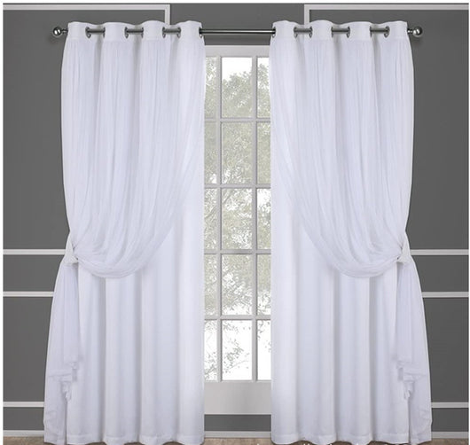 Dark blue double layer shading curtains with white sheer lace overlays, hung on a silver grommet rod. - Image 19