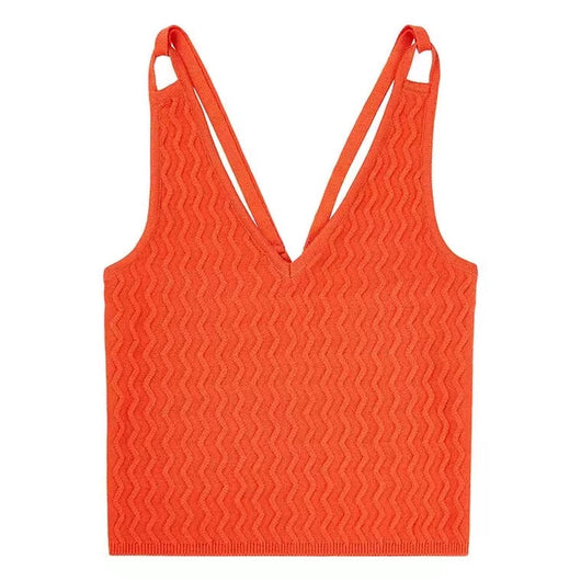 Camiseta Tejida con Rayas Onduladas Rojo y Detalles Calados - Image 6