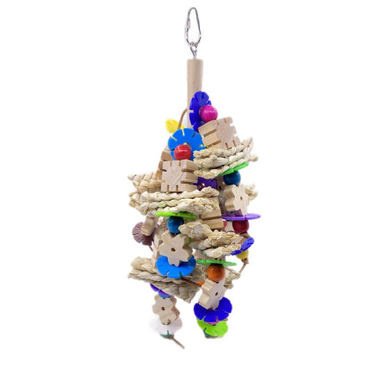 Colorful parrot gnawing toy with wooden blocks, woven straw, and plastic beads, hanging from a metal hook. - Image 2