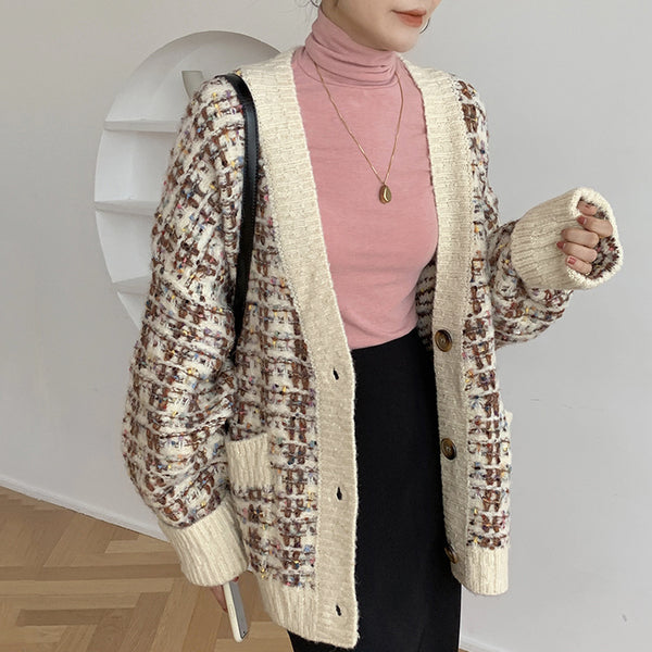 Cardigan Tejido Holgado Multicolor de Manga Larga para Mujer