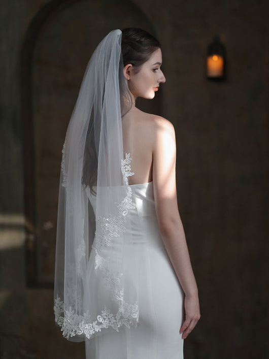 Velo de Novia Elegante Encaje Blanco Monocapa Europeo - Image 9