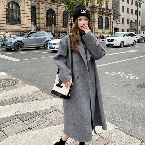 Abrigo de Lana Hepburn Coreano Suelto Midi para Otoño e Invierno