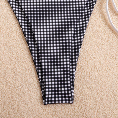 Blue and white gingham plaid bikini swimsuit with triangle top and thong bottom, featuring white tie straps and bows. - Image 19