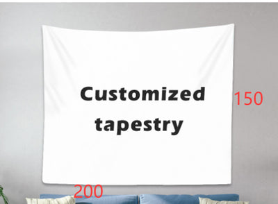 White customizable tapestry with "Customized tapestry" text, hanging on a gray wall above a blue sofa. - Image 6