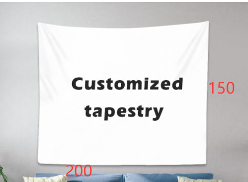 White customizable tapestry with "Customized tapestry" text, hanging on a gray wall above a blue sofa. - Image 6