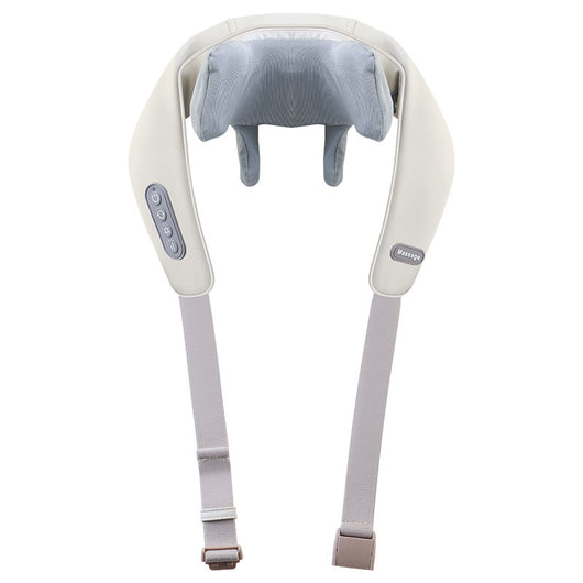 Light gray shoulder and neck massager with blue trim, featuring control buttons and adjustable straps. - Image 4