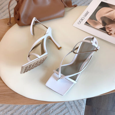 Sandalias de Tacón Cuadrado Estilo Hada - Stileto Blanco Tendencia Net Red - Image 10