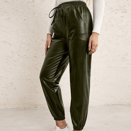 Pantalones de Cuero PU para Mujer con Cintura Elástica Versátil - Image 3