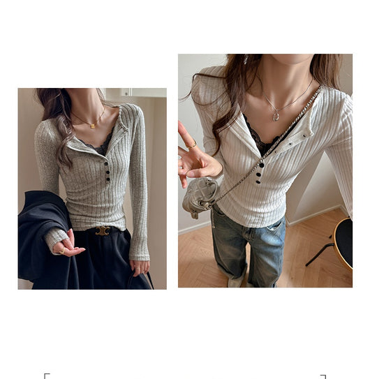 Playera Larga Elegante con Encaje Combinado para Mujer - Image 9