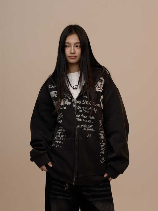 Sudadera Mujer con Capucha y Cierre - Estampado de Letras Negro - Image 3