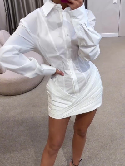 Vestido Camisero Blanco con Pliegues y Manga Larga - Image 5