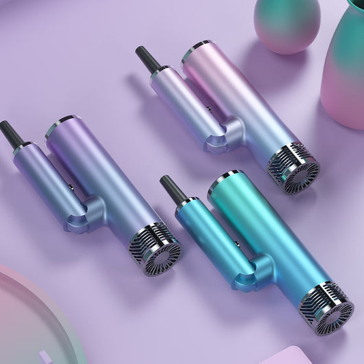 Foldable hair dryer with a purple to blue gradient finish, featuring a concentrator nozzle and metallic accents. - Image 4
