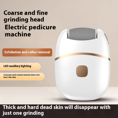 White and gold electric foot callus remover with a roller head, a replacement roller, cleaning brush, and USB cable. - Image 3