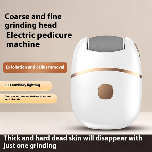 White and gold electric foot callus remover with a roller head, a replacement roller, cleaning brush, and USB cable. - Image 3