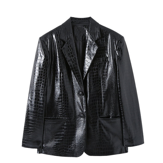 Blazer de Cuero con Patrón Otoñal para Mujer - Corte Holgado - Image 6