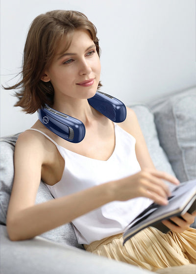 Light blue U-shaped neck fan with a digital display showing 100% charge and multiple air vents. - Image 11