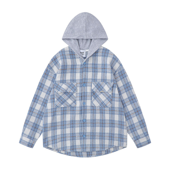 Camisa Cuadros Suelta con Capucha Estilo Retro para Hombre