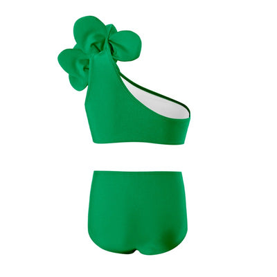 Red children's split swimsuit with a one-shoulder top featuring a large decorative flower and high-waisted bottoms. - Image 15