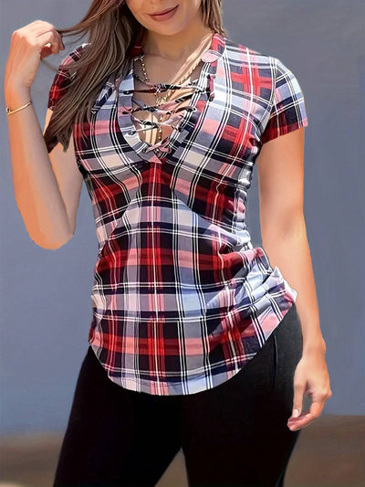 Blusa Cuadriculada con Cuello Camisero y Amarre en el Pecho - Image 12