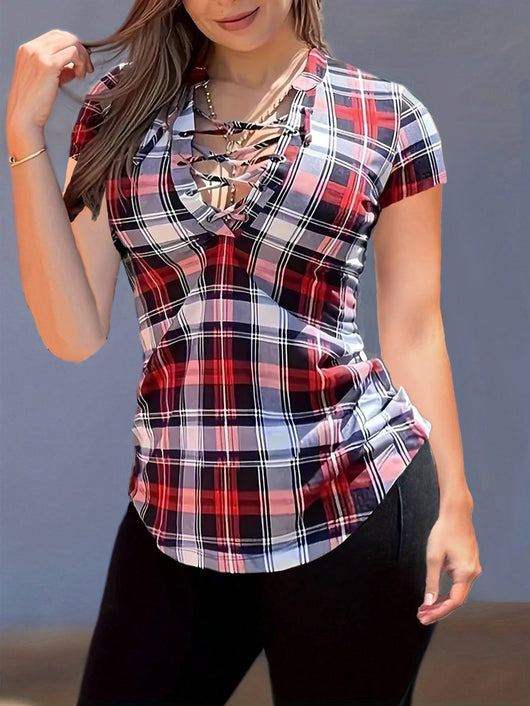 Blusa Cuadriculada con Cuello Camisero y Amarre en el Pecho - Image 12