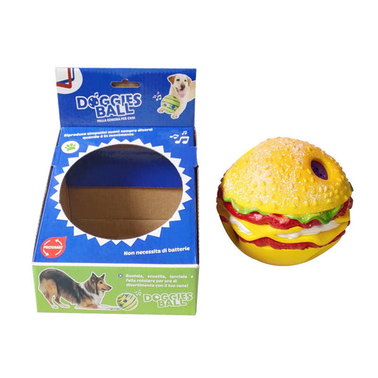 Yellow hamburger-shaped dog sound toy pet ball with red, white, and green details, featuring textured surfaces and purple sound components. - Image 7