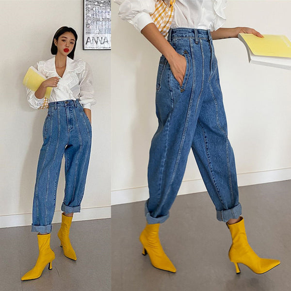 Jeans Retro Patchwork Talle Alto Mujer - Corte Recto Vintage