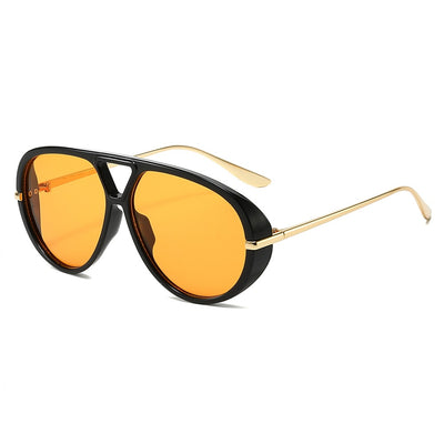 Retro aviator sunglasses with bright black frames, vibrant orange lenses, and sleek gold-colored metal temples. - Image 4
