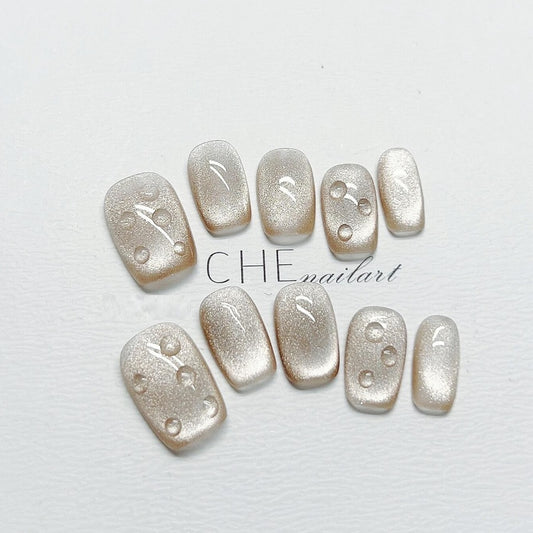 Uñas Postizas Cat Eye con Perlas de Agua - Diseño Sólido Corto