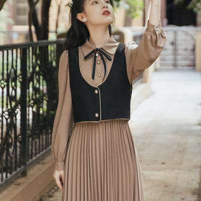 Vestido Retro Vintage con Chaleco Desmontable y Falda Plisada - Image 9