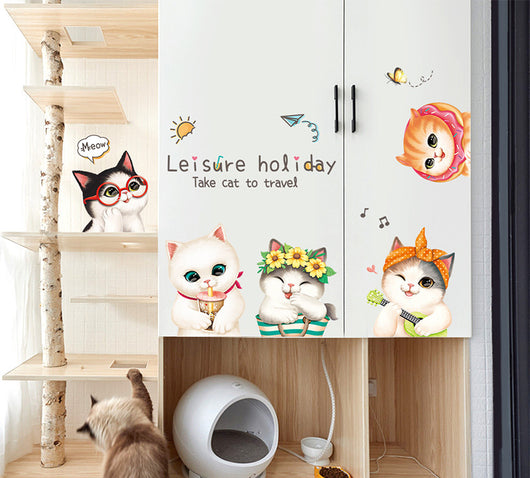 Cartoon cat wall sticker featuring multiple playful cats, one reaching for a fish, with "I LOVE FISH" text. - Image 4