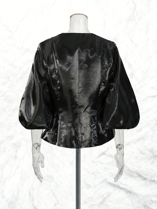 Blusa Cuello Redondo con Mangas Farol - Diseño Clásico de Botón Único - Image 6