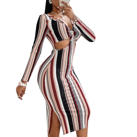 Vestido de Manga Larga a Rayas con Pecho Cruzado para Mujer - Image 15