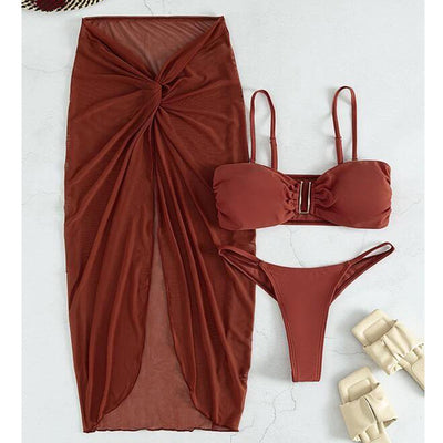 Bright green three-piece bikini set with a ruched bandeau top, matching bottoms, and a sheer knotted sarong skirt. - Image 5