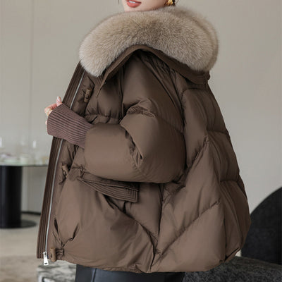 Abrigo Acolchado de Plumón con Cuello de Piel para Mujer - Chaqueta Corta Térmica Invierno - Image 5