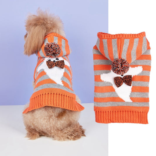 Suéter Tejido para Mascotas con Capucha, Rayas Bicolor y Pompón de Pelaje