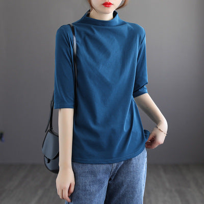 Blusa de Algodón Manga Media Suelta Cuello Alto Estilo Literario - Image 8