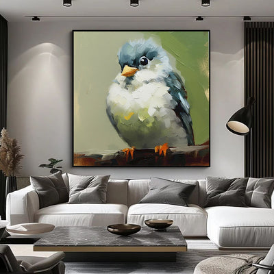 Cuadro Abstracto Moderno Pájaros Kawaii - Pintura al Óleo Artesanal para Sala y Habitación Infantil