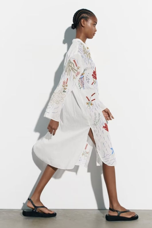 Vestido Camisero Largo Holgado con Bordados para Mujer - Image 16