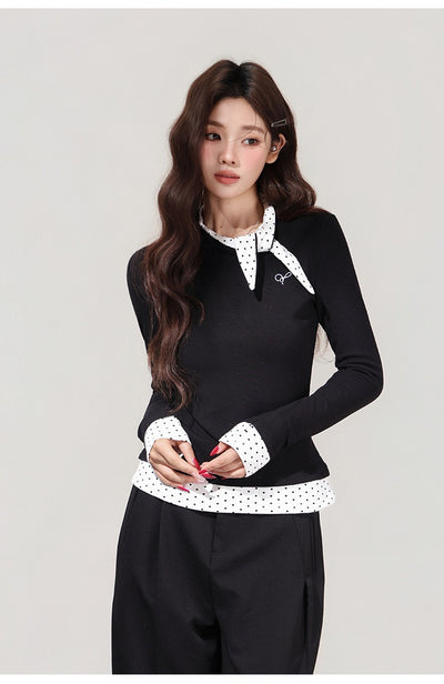 Blusa Negra con Lunares y Moño - Efecto Dos Piezas, Manga Larga - Image 10