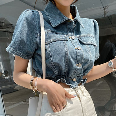 Blusa Slim Fit de Denim con Manga Corta - Image 4