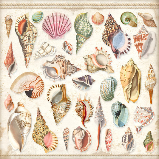 Set of nine vintage-style square stickers featuring Mediterranean and coastal illustrations like seashells, a lighthouse, lemons, and colorful buildings.