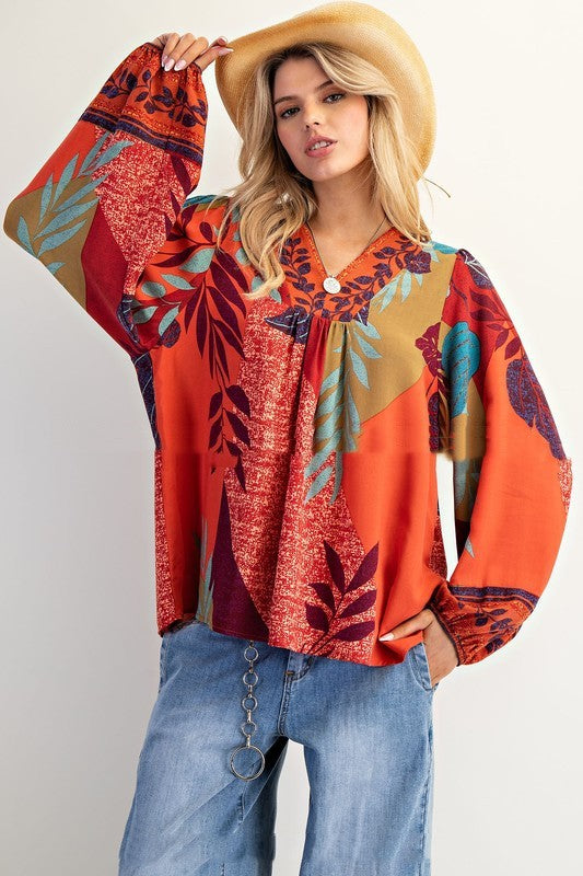 Blusa Suelta de Cuello en V y Manga Larga