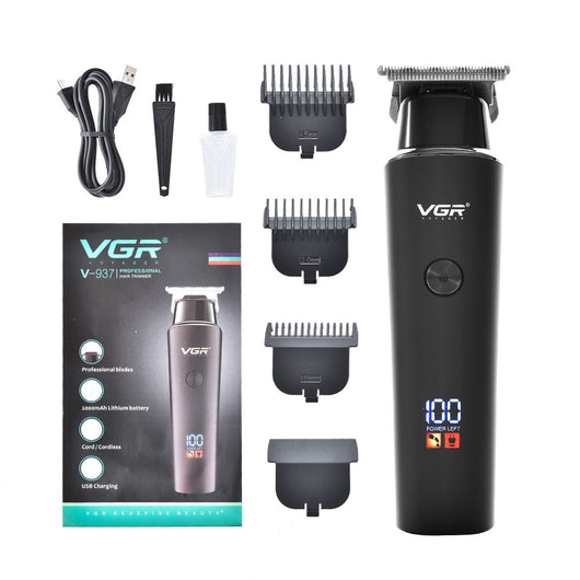 VGR V-937 electric hair clipper kit with LCD display, USB cable, cleaning brush, oil, and 1.5mm, 3.0mm, 4.5mm guide combs. - Image 5
