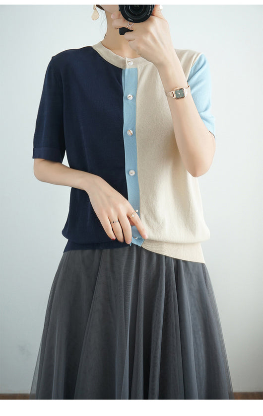 Blusa Fresca de Bloques de Color con Cuello en V - Image 10