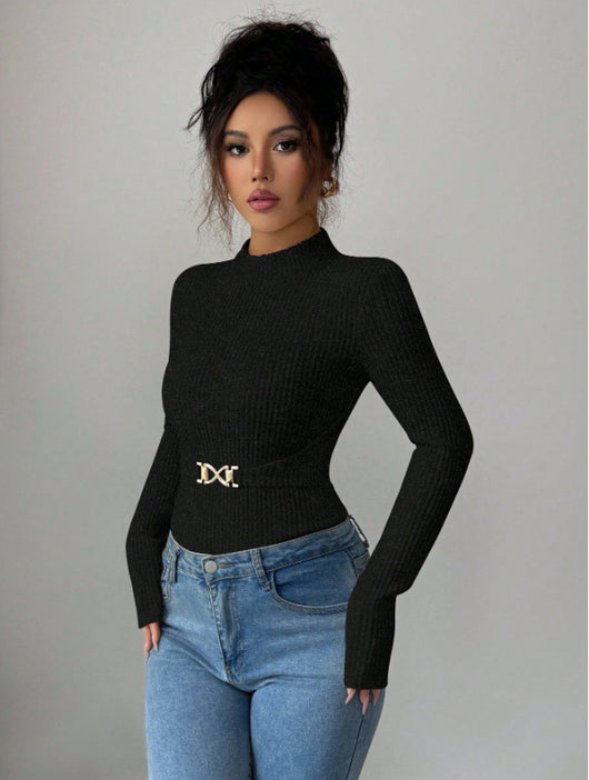 Blusa Base Cuello Mock Ajustada con Mangas Largas para Mujer - Image 15