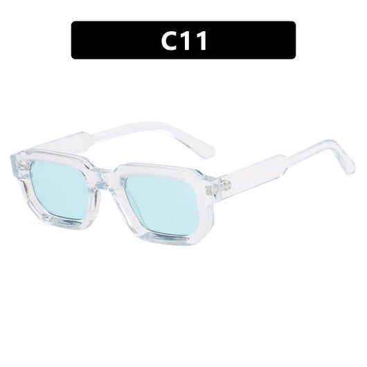 Black square-frame sunglasses with thick, angular frames and dark blue lenses, shown on a white background. - Image 16