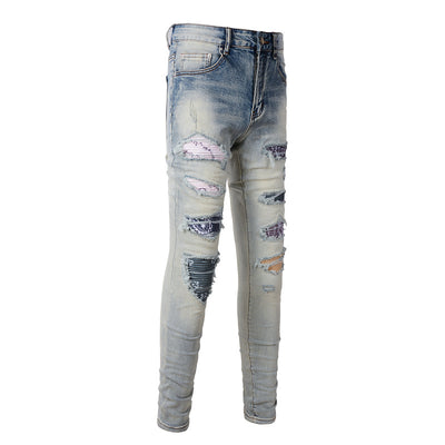 Pantalones Vaqueros Rotos Estilo Street Parches Rodillas Expuestas - Image 3