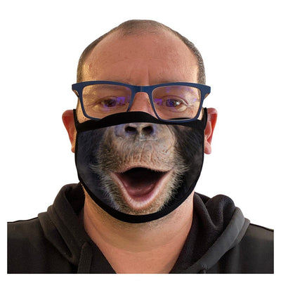 Man wearing a black face mask with a realistic chimpanzee's open mouth printed on the front. - Image 5