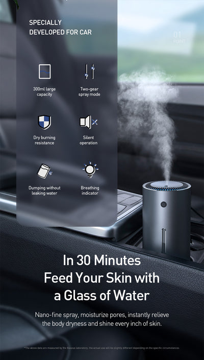 Dark gray cylindrical vehicle-mounted humidifier with a power button, mist outlet, and water level indicator. - Image 16