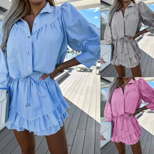 Conjunto Casual de Falda y Shorts a Rayas con Manga Larga